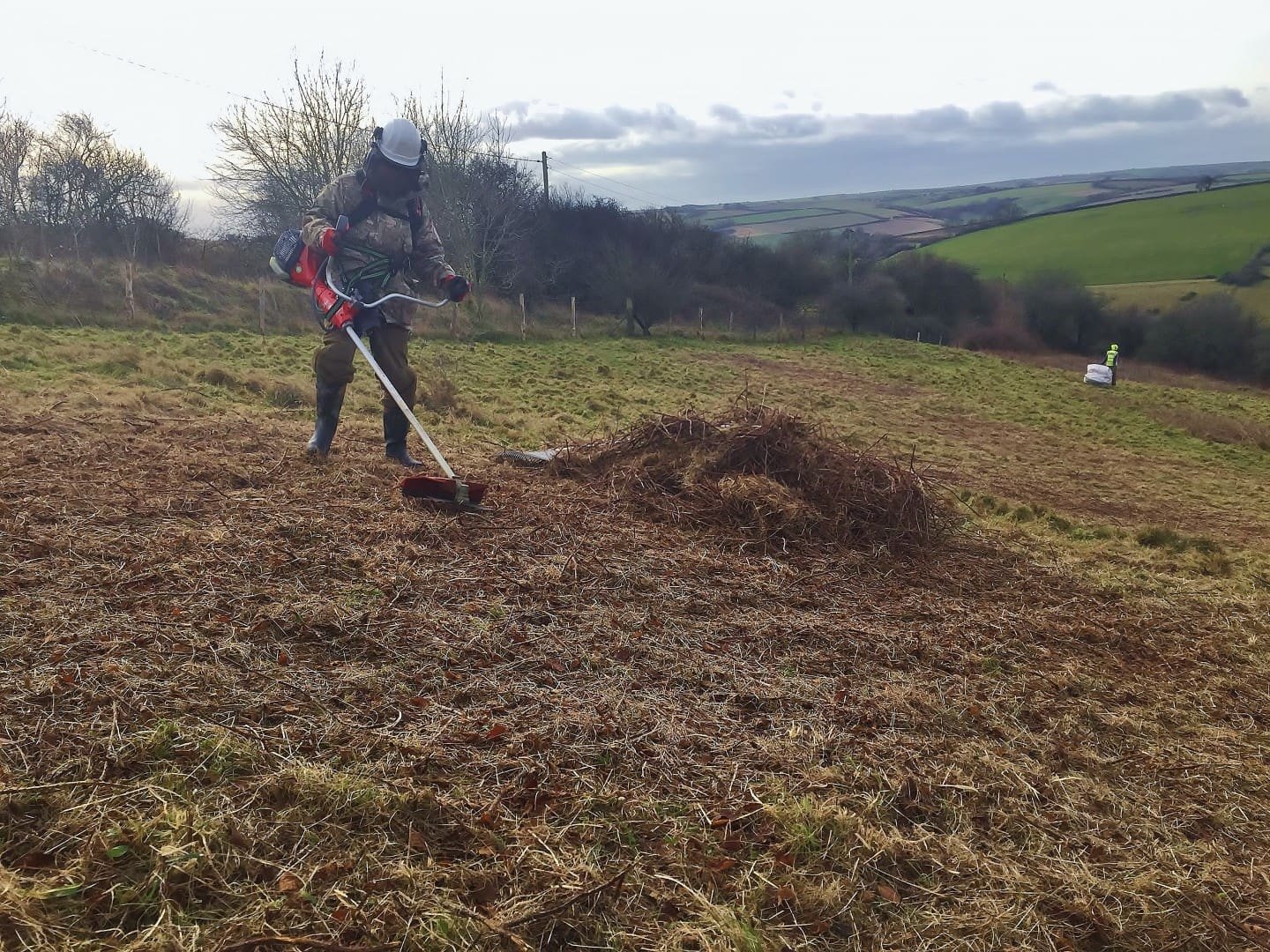 Chaz using a brush cutter on a grassy hillside with rolling fields in the background